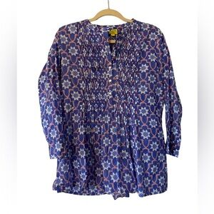 ROBERTA ROLLER RABBIT / blue Cotton top blouse geometric pin tucked xs